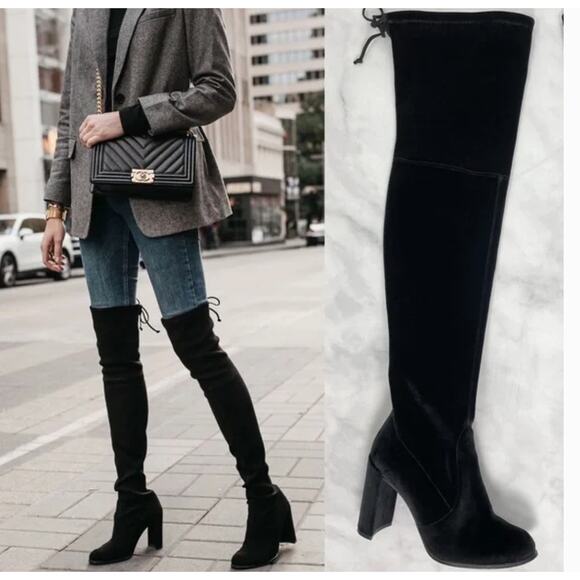 Stuart Weitzman Hiline Velvet Over the Knee Boots 9 NWOT Block Heel Black Sexy - Picture 1 of 7